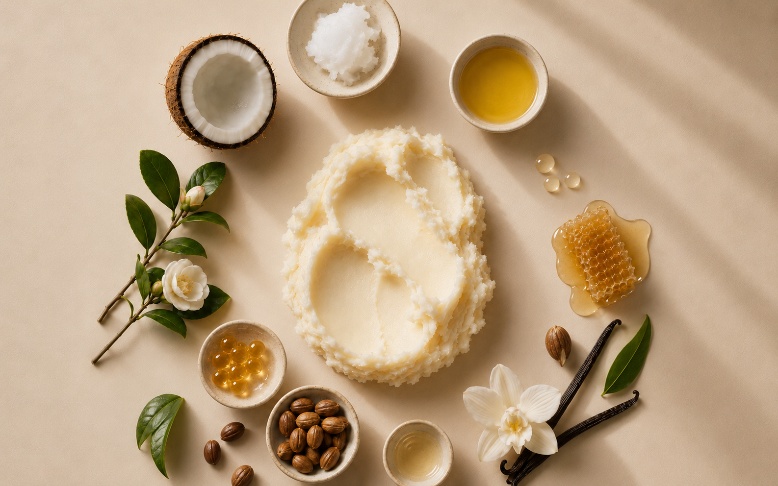 Assorted natural ingredients including nz tallow, coconut, honey, and flowers on a beige background